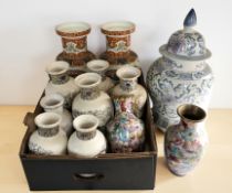 A group of oriental export porcelain vases, a further pair of cloisonne vases, etc.
