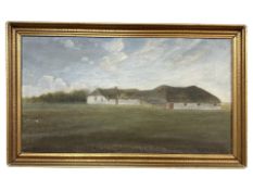 Danish School : Thatched barn in farmland, oil on canvas, 56 cm x 31 cm.