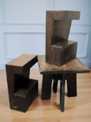 A contemporary hardwood square occasional table, width 60 cm, and a further similar pair of tables.