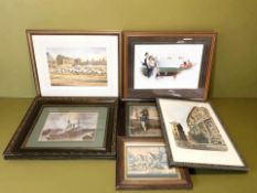 A group of pictures and prints, late 19th century watercolour study of a cottage, etc.