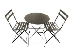 A modern circular metal folding patio table, diameter 60 cm, and two matching chairs.