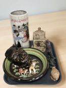 A French cylindrical pottery vase, ceramic wall mask, bowl, coal ornaments,