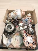 A group of Staffordshire dogs, continental figures, oriental lidded vase, other ceramics.