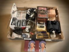 Assorted items including Canon IX7 camera, pair of Halina 10x50 binoculars, decanter, die cast cars,