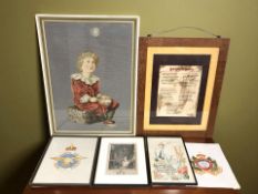 A group of pictures and prints, needlework picture depicting 'Bubbles', etc.