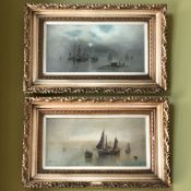 L* S* (Late 19th / 20th century) : Morning, fishing boats in calm waters, a pair of oils on canvas,