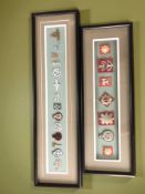 Two montages of reproduction military cap badges, width 86 cm.