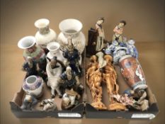 Assorted oriental export figures, blue and white items, porcelain vases, etc.