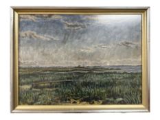 Danish School : Farm landscape with windmill beyond, watercolour, 48 cm x 35 cm.