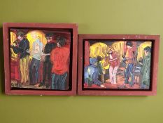 Contemporary School : Figures in an interior, oil on board, initialled GHK, 13 cm x 18 cm,