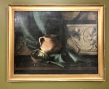 An antiquarian over painted still life print, 50 cm x 68 cm.