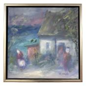 F Nielsen : Figure by a cottage, oil on canvas, 40 cm x 40 cm.