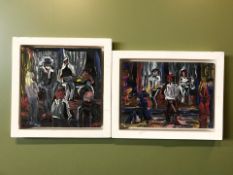 Contemporary School : Musicians in an interior, oil on board, initialled GHK, 15 cm x 15 cm,