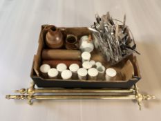 A brass curtain rail, quantity of stainless steel cutlery, stoneware bottles and jugs,