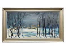 Danish School : Woodland at sunset, oil on board, 41 cm x 20 cm.