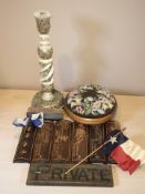 A Kashmir painted and gilt wooden candlestick, oriental bamboo panels, embroidered small stool,