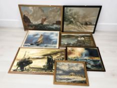 A group of oil paintings on canvas including seascapes and landscapes, largest approx.