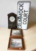 A Pegasus quartz wall clock, a Crummel Court sign and a pair of modern oil on canvas harbour scenes.