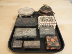 A group of decorative trinket boxes including Japanese metal examples, a shell box,