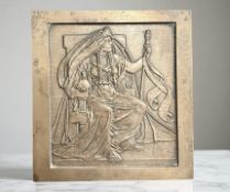 A cast brass plaque depicting Minerva seated on a throne with staff and orb,