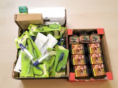 A quantity of new reading lights, exotic pet food for bearded dragons and tortoises.