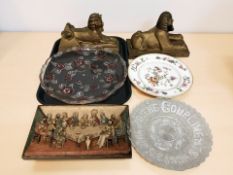 A pair of composition figures of sphinxes, a further relief panel depicting the last supper,