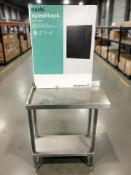 A stainless steel catering two tier stand, width 76 cm, and two Goodhome splash backs.