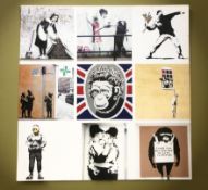 A contemporary pop art wall canvas after Banksy, 76 cm x 76 cm.