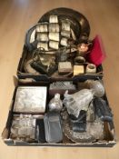 A quantity of metal wares, crystal, cameras, brass bell, a polished horn model of a sailing ship,