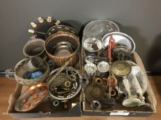 A quantity of EPNS copper and brass wares, vessels, candlesticks,