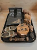 A group of African carved hardwood elephants, trinket boxes, pair of carved oak brackets.