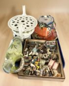 A Royal Winton lustre biscuit barrel, three similar plates, a Victorian painted glass jug,