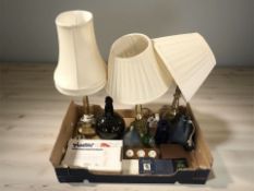 A group of modern table lamps, packs of playing cards, glass wares, dominoes, etc.
