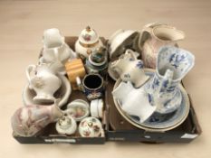 A group of pottery wash jugs and basins, lidded vases and other ceramics.