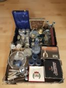 A quantity of metal wares including boxed sets of silver plated goblets, cutlery, cruet,