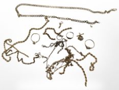 A group of broken gold chains and rings, some pieces stamped 9ct or 375,