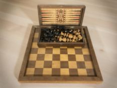 Two chess boards and set of turned boxwood chess pieces, Kings 8cm.