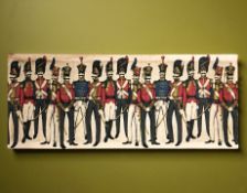 A vintage linen panel depicting soldiers,