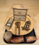 A group of treen including miniature two drawer chest, large bowl, nutcrackers, dominoes in box,