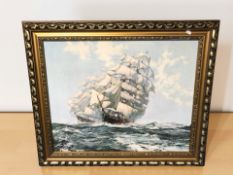 After Montague Dawson : Ships at full sail in rough seas, colour print, 60 cm x 75 cm.