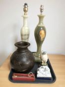 Two polished onyx table lamps, Royal Doulton kestrel decanter, erotic porcelain trinket box,