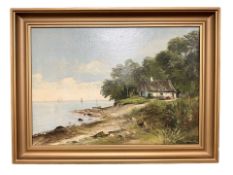 Danish School : Thatched cottage by a coast, oil on canvas, 46 cm x 33 cm.