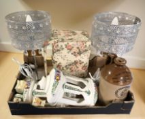 A pair of modern table lamps, a sewing box, pair of ceramic wall shades,