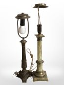 An onyx and brass column table lamp and another patinated metal lamp.