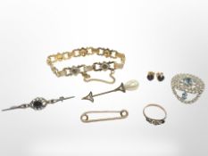 A yellow metal dress ring, together with a costume bracelet, a silver bar brooch,