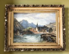 L Beattie : View of a village with water mill, watercolour, 34 cm x 49 cm.