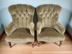 A pair of Victorian style salon armchairs in green dralon