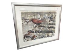 R Hobson : View across a dock, watercolour, signed and dated '94,