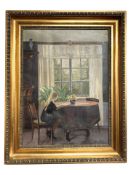 Danish School : Girl sat at a dining table, oil on canvas,