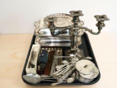 A pair of EPNS lidded entree dishes, assorted cutlery, coasters, candelabrum,